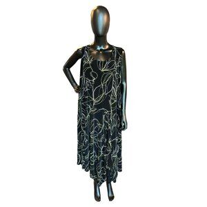Black/Green/White Embroidered Jersey Mid-Length Dress